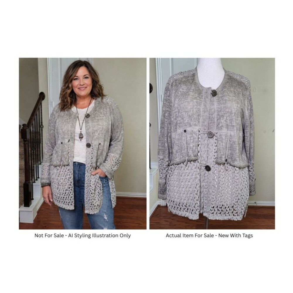 NEW Ali Miles Crochet Cardigan Top Beige Women 1X Button Front Boho Artsy